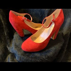 Red faux suede block heels- Never worn!